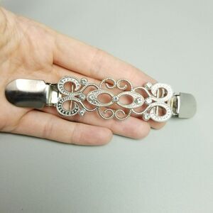 Vintage Sweater Clip Clamp, Silver Tone Swirl Design Brooch, Estate